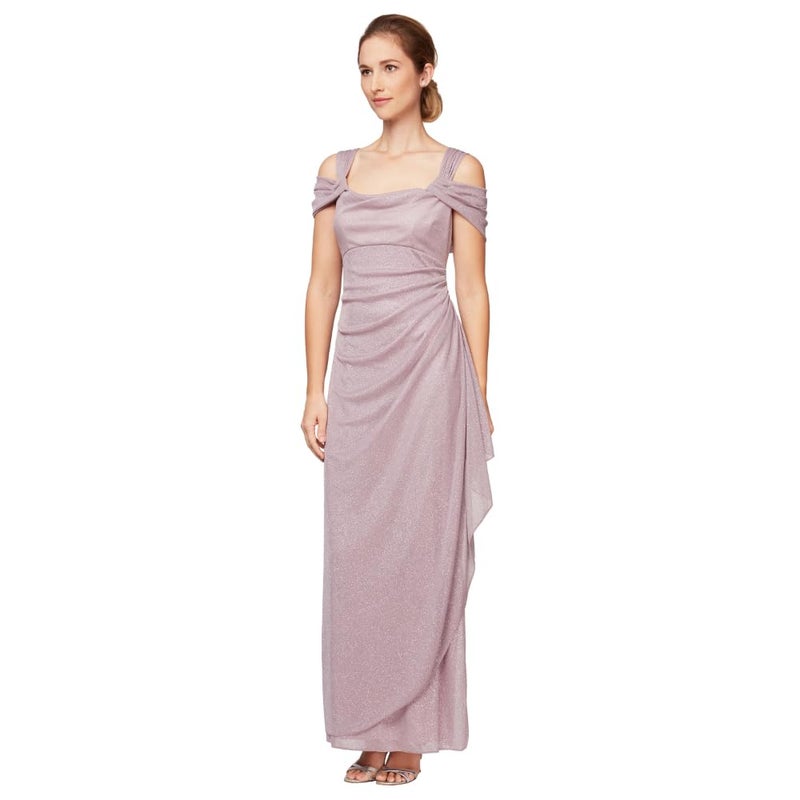 Alex Evenings Womens Long Glitter Mesh Cold Shoulder (Petite and Regular) Special Occasion Dress, Mauve Glitter, 12 US - Image 1